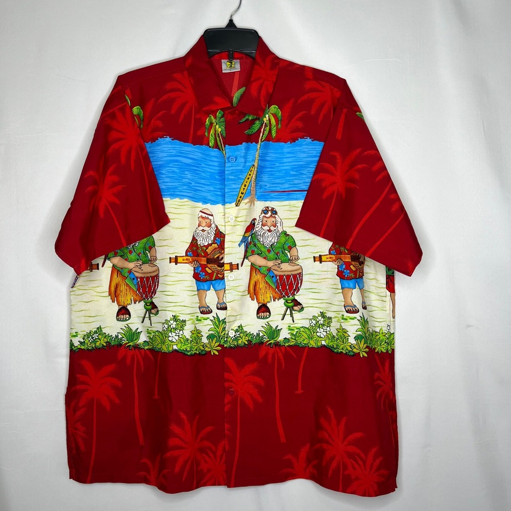 Santa Hawaiian Shirt L Island Tropical‎ Christmas Beach Band Guitar Holiday